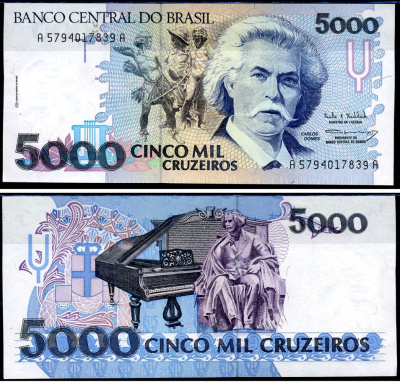 Бразилия 5000 крузейро ND (1990-1993) серия А 5794, Карлось Гомес, музыкант, рояль Pick 232 c бумага UNC (пресс) 6317-11-3-2