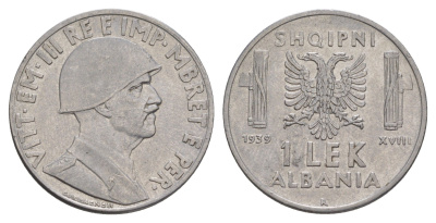 Албания 1 лек 1939 R, Виктор Эммануил III KM 31 нержавеющая сталь 4646-1035