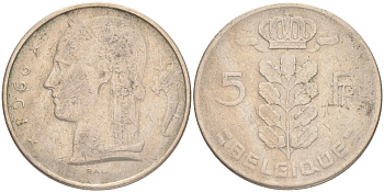БЕЛЬГИЯ 5 ФРАНКОВ 1966 BELGIQUE KM 134.1 медно-никель 4556-421