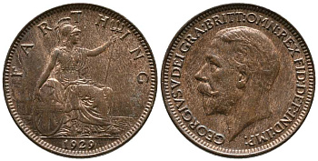 Великобритания 1 фартинг 1929 Георг V (1910-1936) KM 825, Spink 4061 бронза 1518-613
