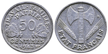 ФРАНЦИЯ 50 САНТИМОВ 1943 ПРАВИТЕЛЬСТВО ВИШИ KM 914.1 алюминий 26-642