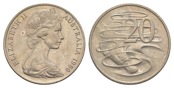 Австралия 20 центов 1980 Елизавета II (1952-2022), утконос KM 66 медно-никель 4381-532