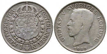 Швеция 1 крона 1929 G, Густав V (1907-1950) KM 786.2 серебро 4178-626