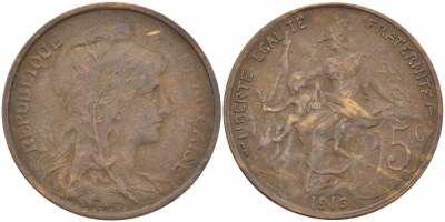 ФРАНЦИЯ 5 САНТИМОВ 1916 ТИП ДАНИЭЛЬ ДЮПЮИ KM 842, LE FRANC 119.28 бронза 108-956