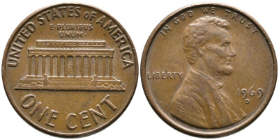США 1 ЦЕНТ 1969 D, ЛИНКОЛЬН KM 201 медь цинк 4549-758