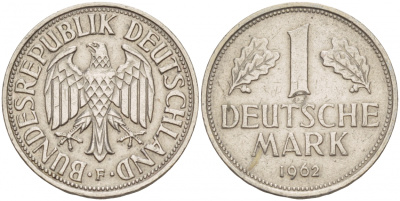 ФРГ 1 МАРКА 1962 F KM 110, J. 385 медно-никель 4544-1115
