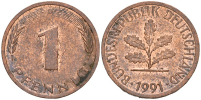 ФРГ 1 пфенниг 1991 D KM 105, J.380 сталь плакированная медью 3955-1151