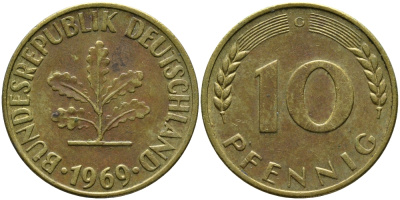 ФРГ 10 ПФЕННИГОВ 1969 G KM 108, J.383 сталь плакированная латунью 98-427