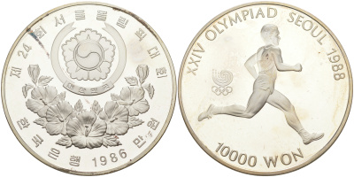 Южная Корея 10000 вон 1986 XXIV Летние Олимпийские игры в Сеуле 1988 года, бег KM 56 серебро PROOF 1074-4-21