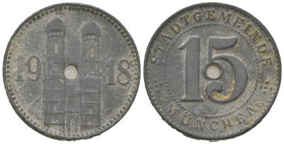 Мюнхен 15 пфеннигов 1918 Funck 348.1A, Men18 22407.1 цинк 4124-367