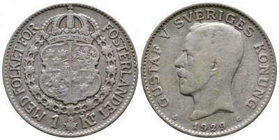Швеция 1 крона 1929 G, Густав V (1907-1950) KM 786.2 серебро 4178-626