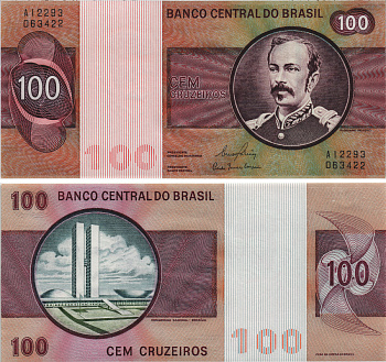 Бразилия 100 крузейро ND (1974 & 1981) Флориану Пейшоту, серия A12293 Pick 195A b бумага UNC (пресс) 8605-47-1-1