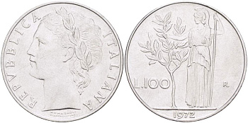 ИТАЛИЯ 100 ЛИР 1972 R, АФИНА KM 96.1 нержавеющая сталь 4526-324