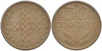 ПОРТУГАЛИЯ 50 СЕНТАВО 1969 KM 596 бронза 3718-437