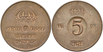 Швеция 5 эре 1966 Густав VI Адольф (1950-1973) KM 822 бронза 4517-145