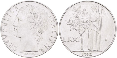 ИТАЛИЯ 100 ЛИР 1972 R, АФИНА KM 96.1 нержавеющая сталь 4526-324