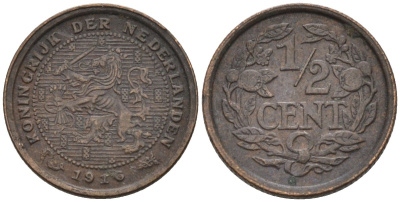 Нидерланды 1/2 цента 1916 Вильгельмина (1890-1948) KM 138 бронза 4576-367