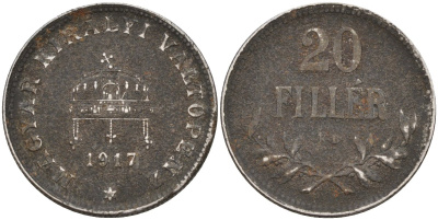 Венгрия 20 филлеров 1917 КВ, Карл I (1916-1918) KM 498 железо 4151-958