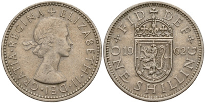 Великобритания 1 шиллинг 1962 Елизавета II (1952-2022), Шотландский герб KM 905, Spink 4148 медно-никель 202-1157