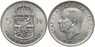 Швеция 5 крон 1972 U, Густав VI Адольф (1950-1973) КМ 846 никель плакированный медно-никелем 180-646