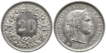 Швейцария 20 раппенов 1981 KM 29а медно-никель 26-526