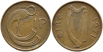 ИРЛАНДИЯ 1 ПЕННИ 1971 ПТИЧКА KM 20 бронза 4397-135
