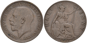 Великобритания 1/2 пенни 1917 Георг V (1910-1936) KM 809, Spink 4056 бронза 4589-921