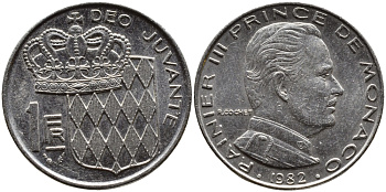Монако 1 франк 1982 Ренье III (1949-2005) KM 140 никель 4364-715