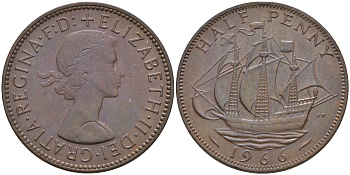 Великобритания 1/2 пенни 1966 Елизавета II (1952-2022) KM 896, Spink 4158 бронза 4592-433
