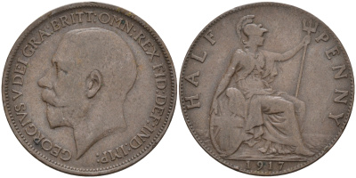 Великобритания 1/2 пенни 1917 Георг V (1910-1936) KM 809, Spink 4056 бронза 4589-921