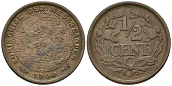 Нидерланды 1/2 цента 1940 Вильгельмина (1890-1948) KM 138 бронза 4169-461