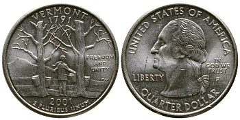 США 25 центов = квотер 2001 Р, серия штаты США, Вермонт KM 321 медь плакированная медно-никелем 56-457