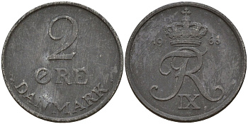 Дания 2 эре 1966 C;S, Фредерик IX (1947-1972) KM 840 цинк 4152-466