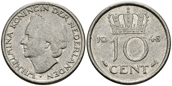 Нидерланды 10 центов 1948 Вильгельмина (1895-1948) KM 177 никель 96-523