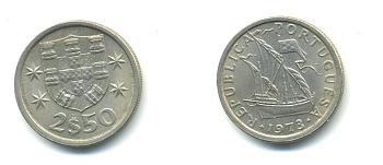 ПОРТУГАЛИЯ 2,5 ЭСКУДО 1973 ПАРУСНИК KM 590 медно-никель 176-124
