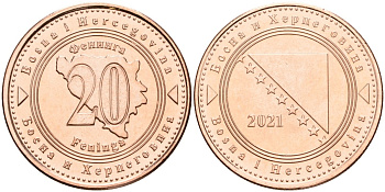 Босния и Герцеговина 20 фенигов 2021 KM 116 сталь плакированная медью UNC 4514-1237