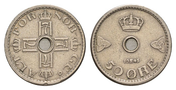 Норвегия 50 эре 1945 Хокон VII (1905-1957) KM 386 медно-никель 4635-412