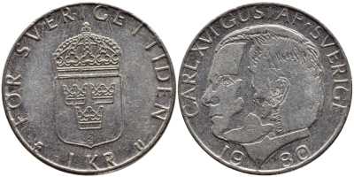 Швеция 1 крона 1980 Карл XVI Густав (1973- ) KM 852 медь плакированная медно-никелем 4397-927