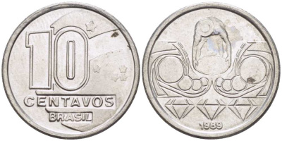 Бразилия 10 сентаво 1989 золотодобыча KM 613 нержавеющая сталь 105-962