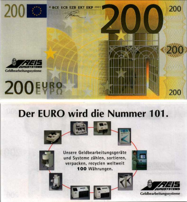 ГЕРМАНИЯ НАБОР ИЗ ДВУХ БАНКНОТ 2001 100 И 200 ЕВРО, РЕКЛАМНЫЙ ВЫПУСК ЕВРОБАНКНОТ, REIS EUROSYSTEMS, GELDBEARBEITUNGSYSTEME (DER EURO WIRD DIE NUMMER 101) бумага 7183-60-1-2
