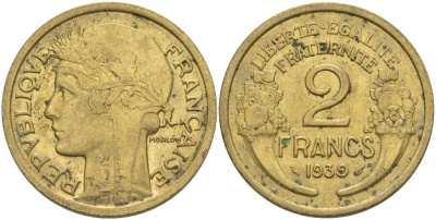 ФРАНЦИЯ 2 ФРАНКА 1939 ТИП MORLON KM 886, LE FRANC 268.12 алюминиевая бронза 3855-146