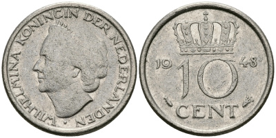 Нидерланды 10 центов 1948 Вильгельмина (1895-1948) KM 177 никель 96-523