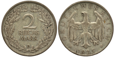 Германия 2 рейхсмарки 1925 D J. 320, KM 45 серебро 00-00
