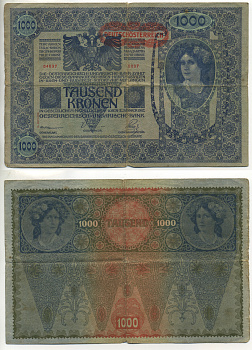 АВСТРИЯ 1000 КРОН 1919 КРАСНАЯ ГОРИЗОНТАЛЬНАЯ НАДПЕЧАТКА НА 1902 Pick 60 бумага 6299-35-3