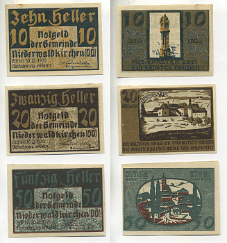 АВСТРИЯ НАБОР ИЗ 3 БАНКНОТ 1920 ДО 30 НОЯБРЯ 1920, НОТГЕЛЬД, 10, 20, 50 ГЕЛЛЕРОВ, NIEDERWALDKIRCHEN O.O. бумага aUNC 6278-22-2