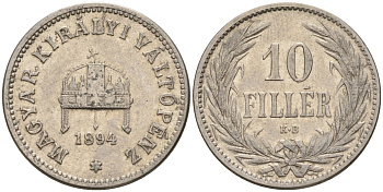 Венгрия 10 филлеров 1894 KB, Франц Иосиф I (1848-1916) KM 482 никель 4151-1056