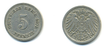 Германия 5 пфеннигов 1908 A KM 11, Jager 12, Weege 6 медно-никель 4379-547