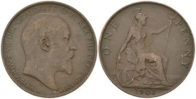 Великобритания 1 пенни 1905 Эдуард VII (1901-1910) KM 794.2, Spink 3990 бронза 221-321