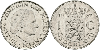 Нидерланды 1 гульден 1967 Юлиана (1948-1980) KM 184а никель 94-611