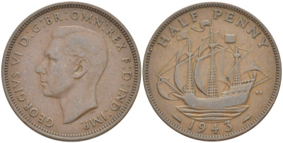 Великобритания 1/2 пенни 1943 Георг VI (1936-1952) KM 844, Spink 4115 бронза 24-915
